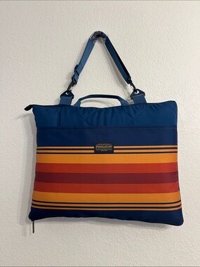 Pendleton Blue Canvas outdoor blanket with Orange and Red Stripes